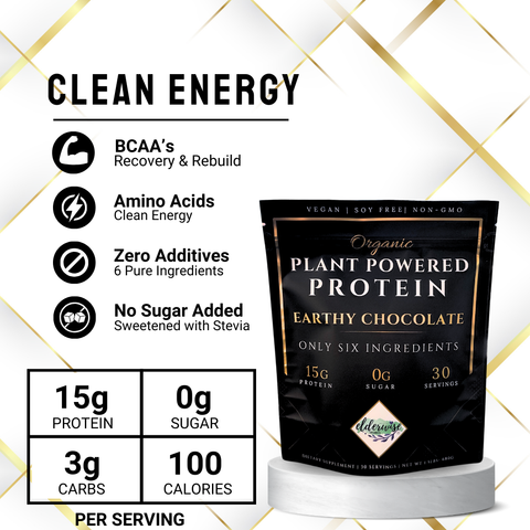 Protein Powder - Plant Based Earthy Chocolate - Six Clean Ingredients - ZERO Sugar - Vegan - 30 Servings