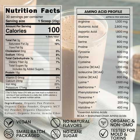 Protein Powder - Plant Based Earthy Chocolate - Six Clean Ingredients - ZERO Sugar - Vegan - 30 Servings